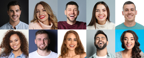 Collage with photos of happy smiling people on different color backgrounds. Banner design