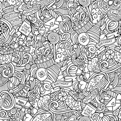 Happy Birthday hand drawn doodles seamless pattern.