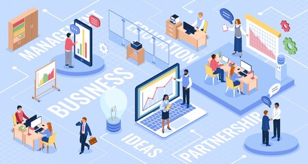 Isometric office. Business people infographics, open space, teamwork place structure, corporate departments division. Professional team working, workplace vector concept