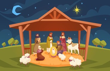 Bible scene. Christmas christian composition, jesus christ birth in manger, baby with magi, Virgin Mary, night sky with star, new testament holy book. Religion holiday, vector cartoon concept
