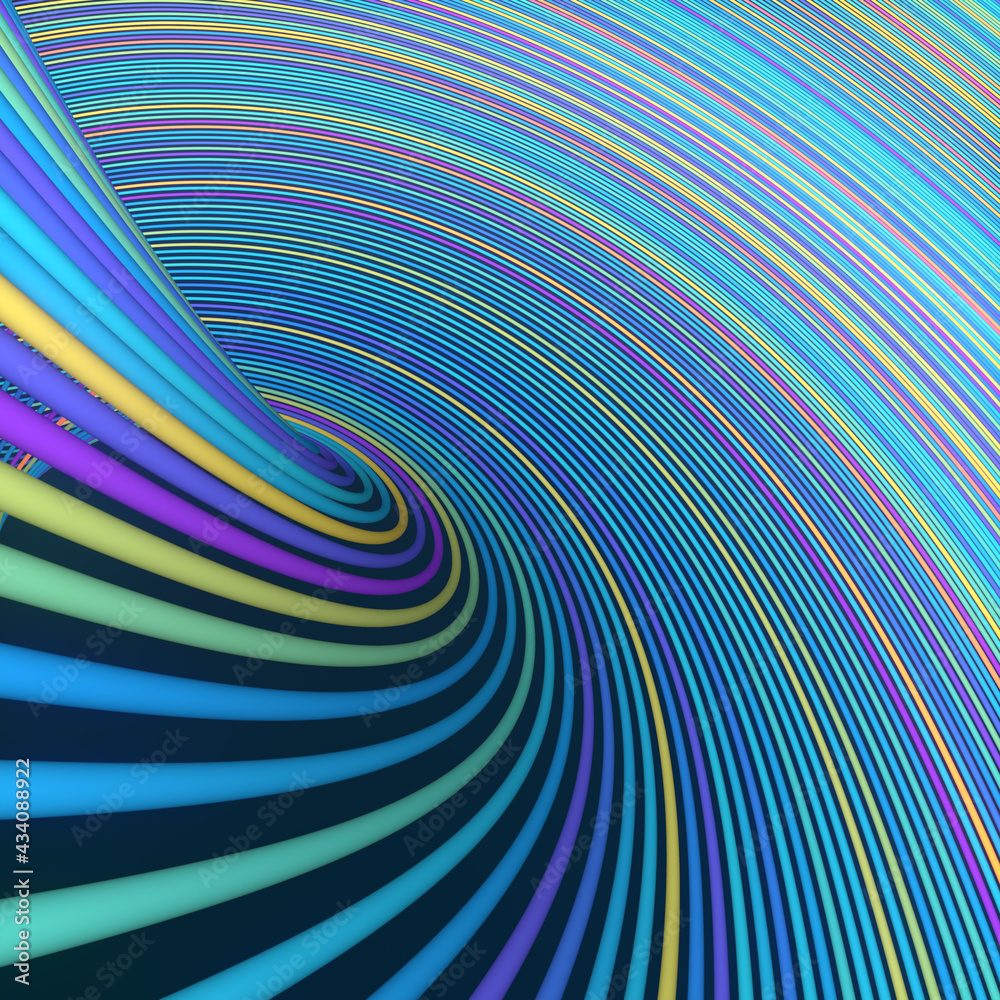 Poster Wavy digital illustration of pattern twisted colored lines. Trendy template with curving geometric shapes. 3d rendering