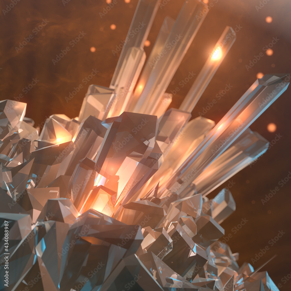 Aufkleber abstract magic crystals emits glowing particles surrounded by light haze. 3d rendering digital illus