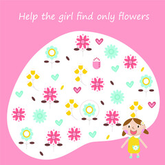 Kids mini games for development. Help the girl find only flowers. Colorful vector illustration in flat style.
