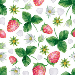 Simple seamless pattern with strawberries, flowers and leaves. Cute rustic summer berry background