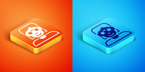 Isometric Hacker or coder icon isolated on orange and blue background. Programmer developer working on code, coding, testing, debugging, analysing. Vector