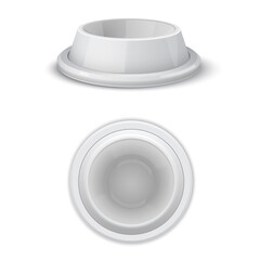 Realistic white pet bowl vector illustration. Set of plate for food or drink domestic animals