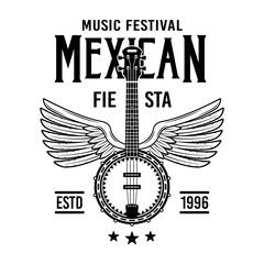 Mexican style vector emblem, badge, label or logos with banjo in monochrome vintage style isolated on white background