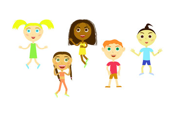set children isolated on white background: blonde girl with two ponytails, African and with two pigtails; two boys: with red hair and a Japanese