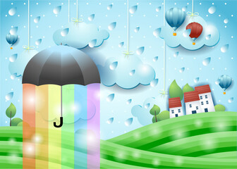 Fantasy landscape with umbrella, rain and rainbow colors. Vector illustration eps10
