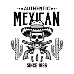 Skull of mexican bandit in sombrero and crossed guns vector emblem, badge, label or logos in monochrome vintage style isolated on white background