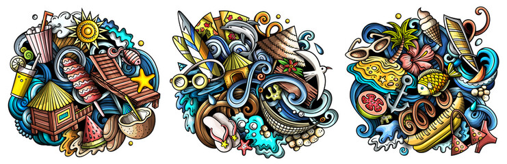 Summer beach cartoon vector doodle designs set.