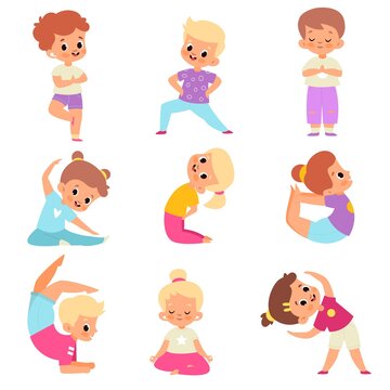 Children yoga. Cute kids yoga poses collection, happy flexible boys and girls in lotus meditation position, asana and balance, inner harmony healthy lifestyle. Vector cartoon isolated set