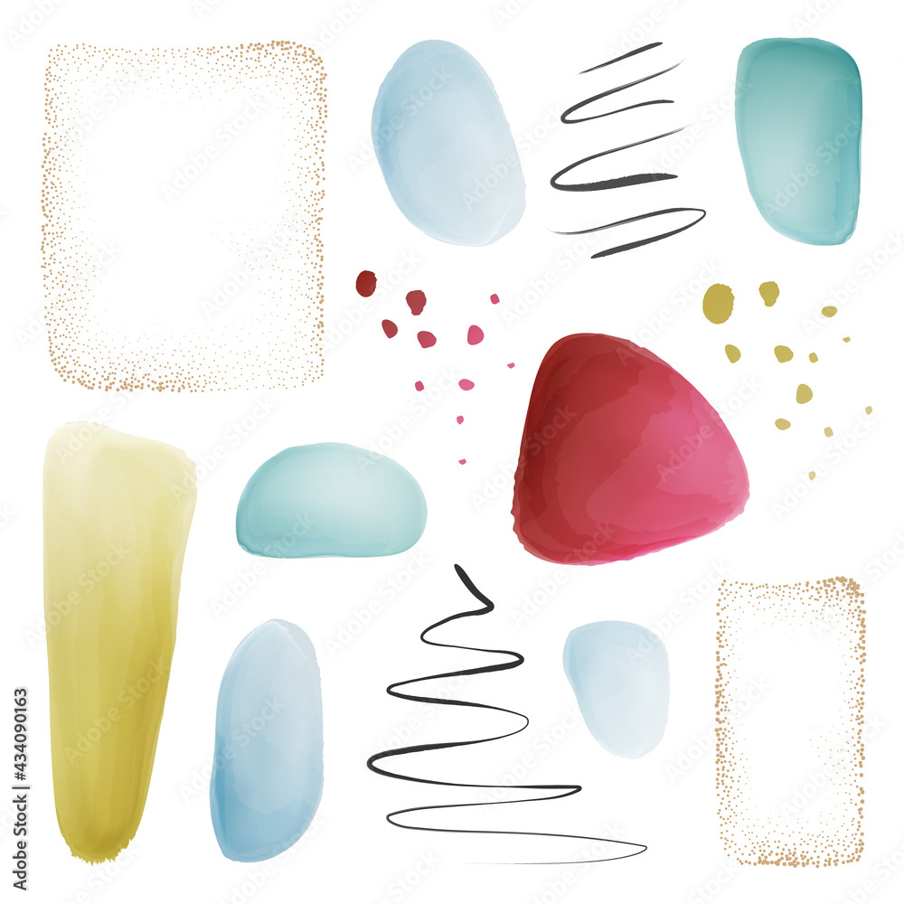 Poster Watercolor set, textured brushes and shapes, frame of gold dots, collection of calligraphic strokes and splashes. Vector abstract watercolor blob brush shape frames, geometric color painted patterns