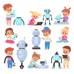 Kids with robots. Cartoon children invent mechanical toys. Happy boys and girls learn to assemble and program androids. Clever babies play with automatons. Vector pupils repair cyborgs