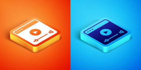 Isometric Online play video icon isolated on orange and blue background. Film strip with play sign. Vector