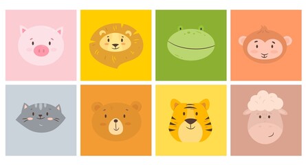 Animal portraits. Funny different fauna avatars, cute cartoon drawings with animals happy faces, wild and domestic characters. Baby prints and nursery design. Vector monochrome square cards