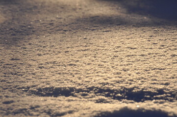 Natural texture of fresh winter snow in sunset light