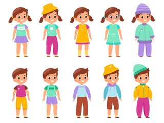 Kids different wearing. Boys and girls in diverse colorful outfits, children and teenagers various modern clothes, young fashion models, little fashionistas. Vector cartoon isolated set