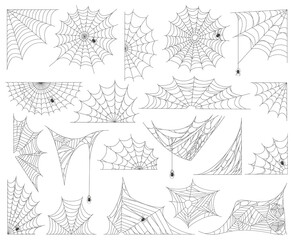 Halloween spider web. Spooky spider cobweb, spider insects torn web silhouette vector illustration set. Spider web scary halloween decor