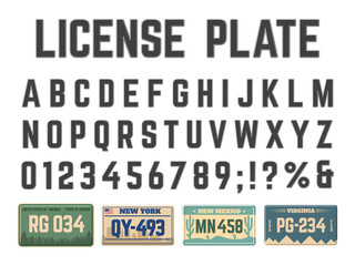 Car license plates alphabet. Vehicle registration signs latin alphabet, license plates numbers and letters vector illustration set. Automobile license numbers abc font - obrazy, fototapety, plakaty