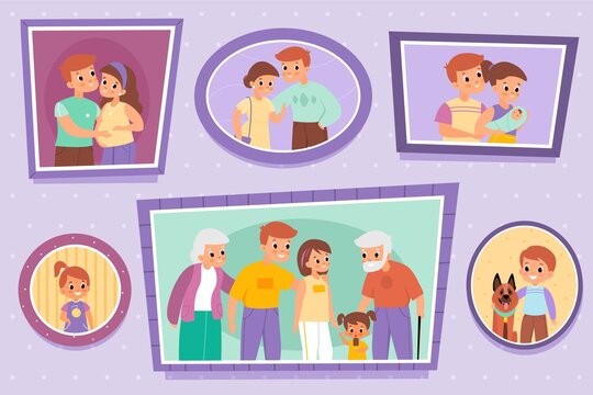 Family photos. Pictures on wall. Individual or people group portraits. Photography set of parents with children and grandparents. Vector couples paintings in square or round frameworks
