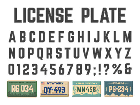 Car license plates alphabet. Vehicle registration signs latin alphabet, license plates numbers and letters vector illustration set. Automobile license numbers abc font
