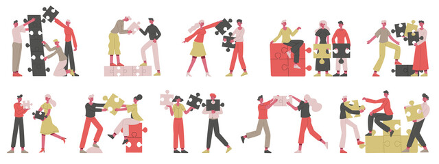 Partnership business concept. People collecting puzzle elements, teamwork, coworking or partnership vector illustration set. Business creative project