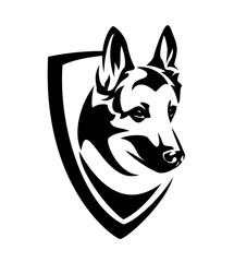 german shepherd or belgian malinois head and heraldic shield - guard dog insignia badge black and white vector design
