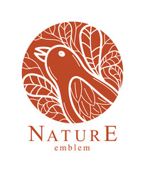 Small cute bird among leaves round floral vintage linear logo design template for perfume or fashion or salon logo isolated on white, elegant linear graphic design of nature beauty.