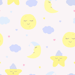 Vector seamless pattern with moon (crescent), stars, and clouds on white. For wallpapers, fabric, textile and linen, print clothes and pajamas, gift and wrapping paper, invitation to pajama party.