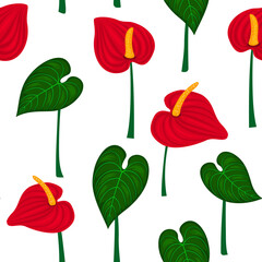 seamless pattern with anthurium flowers and leaves. floral repeatable texture
