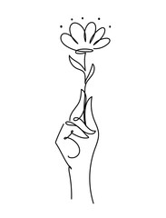 Continuous line abstract icon. Hand holding a flower. Aesthetic drawing for a logo, beauty salon, eco-goods store. Vector illustration isolated on white background.