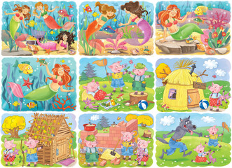 Obraz premium Two fairy tales. Three little pigs and little mermaid. Set of cute illustrations for children. Coloring book. Coloring page. Cute and funny cartoon characters