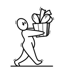 Funny cartoon man carrying a big gift box with bow vector flat style illustration isolated on white, giving and receiving surprise gifts on a birthday or holidays.