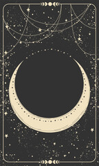 Dark space background for astrology, witchcraft, fortune telling. Heavenly abstract tarot card. Banner with the moon and copy space. Vintage vector template. - obrazy, fototapety, plakaty