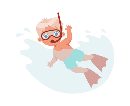 The boy swims in the sea with a mask and fins. Swimmer in the classroom in the pool. Ideas about a healthy lifestyle, sea vacations, sports, hobbies. Cartoon vector illustration