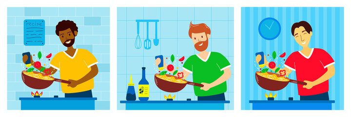 Men from different ethnic groups prepare meals in the kitchen. The guy salts food in a wok pan. Husband's household chores. Concept for stay-at-home dad doing domestic chores. Vector illustration