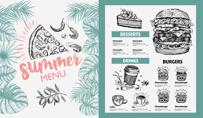 Restaurant food menu design. Summer menu, hand drawn illustrations. Vector food flyer. - obrazy, fototapety, plakaty