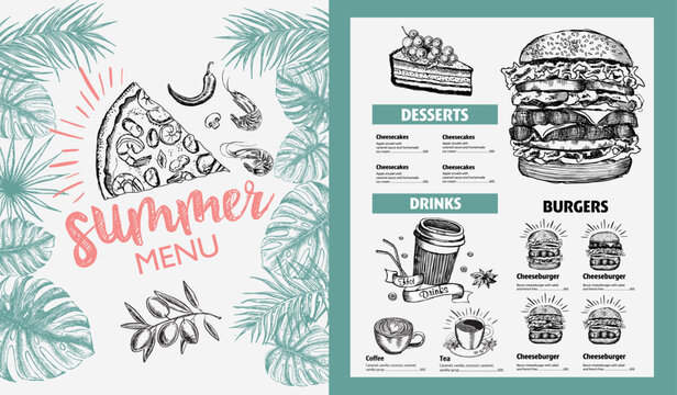 Restaurant food menu design. Summer menu, hand drawn illustrations. Vector food flyer.