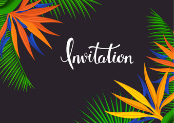 tropical invitation card background with strelitzia flowers, palm leaves on black backdrop