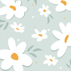 Floral seamless pattern with daisies flowers. Floral background design. Gentle pretty romantic pattern with chamomile. Design element for texture for print, textile, fabric, wallpaper,...