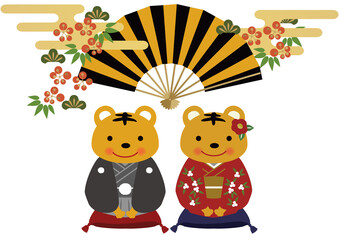 Obraz premium お正月のデザイン素材。 虎のイラスト。干支のアイコン。日本の正月。 縁起物のイラスト。年賀状用。