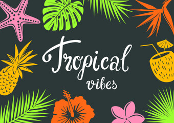tropical vibes background with tropic flowers silhouettes hibiscus, bird of paradise, plumeria, seashell, coconut drink, palm and monstera leaves, pineapple