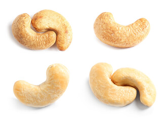 Set with tasty cashew nuts on white background, top view