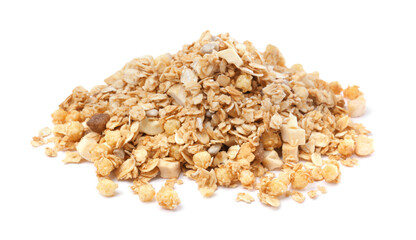 Pile of granola on white background. Healthy snack