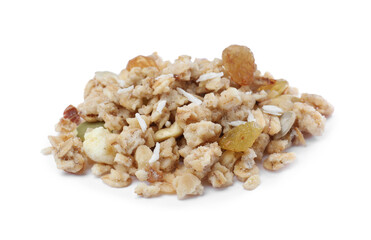 Pile of granola on white background. Healthy snack