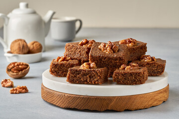 Middle eastern walnut semolina cake basbousa , namoora, hareesa . Close up
