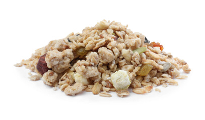 Pile of granola on white background. Healthy snack