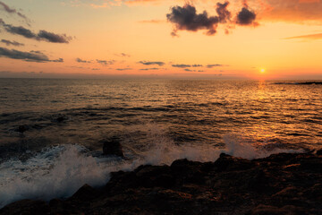 Sunset over sea. Dramatic sky.