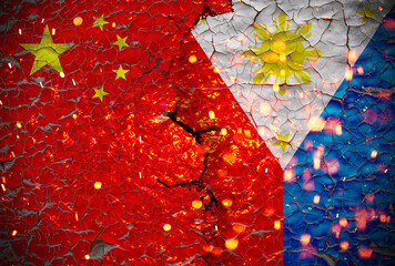 Grunge Philippine VS China national flags icon pattern isolated on broken cracked wall background, abstract international political relationship friendship divided conflicts concept texture wallpaper